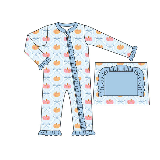 Preorder moq 5 Baby Infant Girls Long Sleeves Bows Pumpkins Plaid Ruffle Zipper Romper 7.14