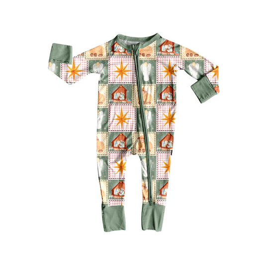 Preorder(moq 5)Baby Girls Green Plaid Nativity Christmas Zipper Footie Rompers 8.30