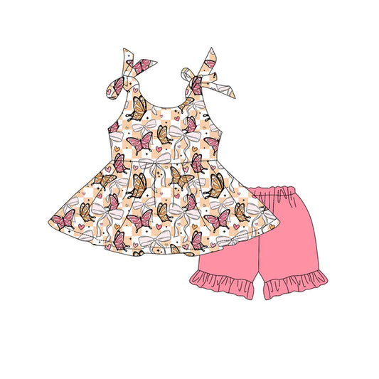 Preorder moq 5 Baby Girls Pink Bows Sleeveless Butterfly Hearts Tunic Ruffle Short Set 4.15