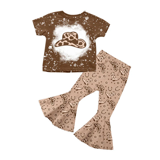Preorder (moq 5)Baby Girls Brown Short Sleeves Camo Hat Top Boots Bell Bottom Pant Set 5.12