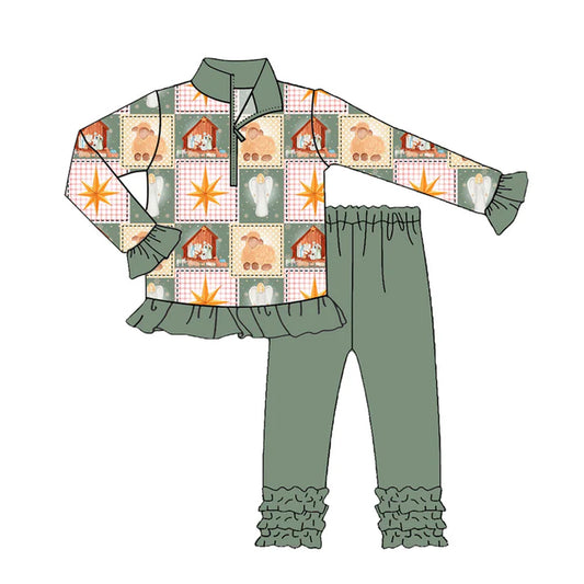 Preorder (moq 5)Baby Girls Green Plaid Nativity Zipper Pullovers Ruffle Leggings Christmas Set 8.30
