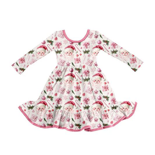 Preorder (moq 8)Baby Girls Pink Santa Lights Christmas Ruffle Knee Length Dresses 9.23