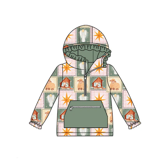 Preorder(moq 5)Baby Girls Green Plaid Nativity Pockets Zipper Christmas Hoodie Tops 8.30