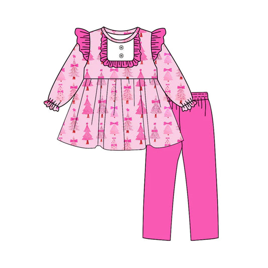 Preorder(moq 5) Baby Girls Christmas Pink Trees Tunic Top Legging Outfits Clothes Sets 8.12