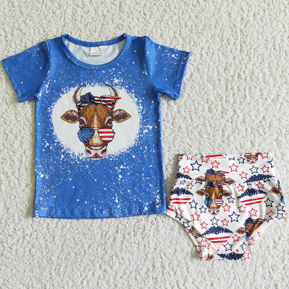July 4th Baby Girl Clothes Bummie Sets Cow Star Print Cute Girls Clothes Bummies GBO0034