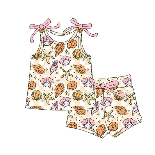 Preorder moq 5 Baby Girls Bows Sleeveless Sea World Shell Top Short Set 4.16