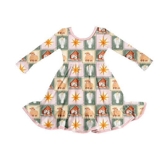 Preorder (moq 5)Baby Girls Pink Plaid Nativity Christmas Ruffle Knee Length Dresses 8.30
