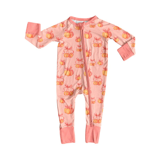Preorder (moq 5)Baby Girls Long Sleeves Peach Bows Pumpkins Plaid Zipper Romper 7.2