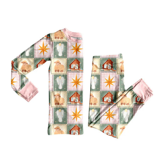 Preorder (moq 5)Baby Girls Pink Plaid Nativity Top Pants Christmas Pajamas Clothes Set 8.30