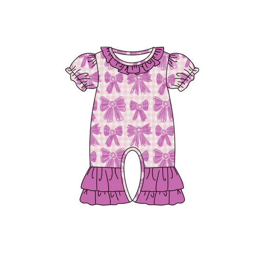 Preorder (moq 8)Baby Girls Purple Checked Bows Ruffle Footie Rompers 10.1