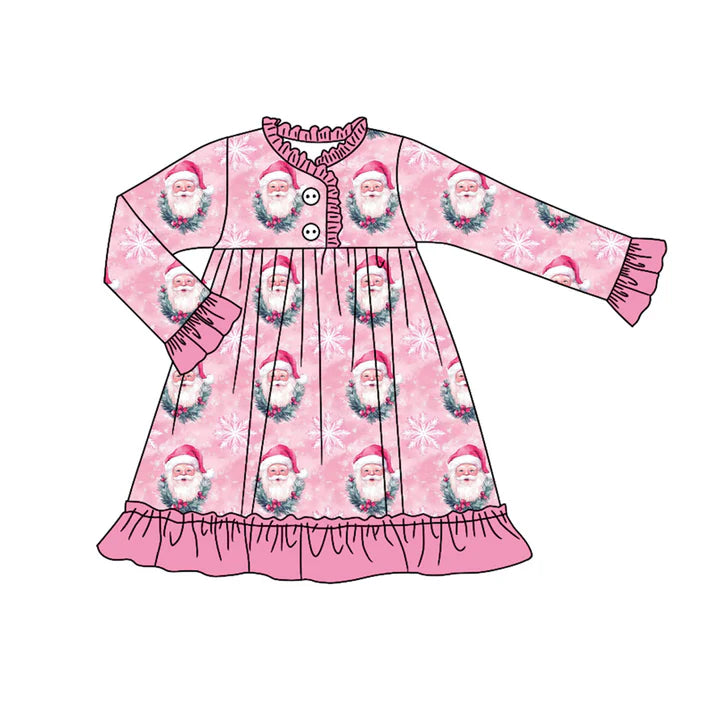 Preorder (moq 5)Baby Girls Pink Santa Snowflake Christmas Button Ruffle Knee Length Dress 9.4