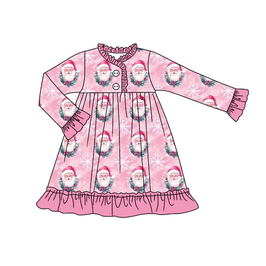 Preorder (moq 5)Baby Girls Pink Santa Snowflake Christmas Button Ruffle Knee Length Dress 9.4
