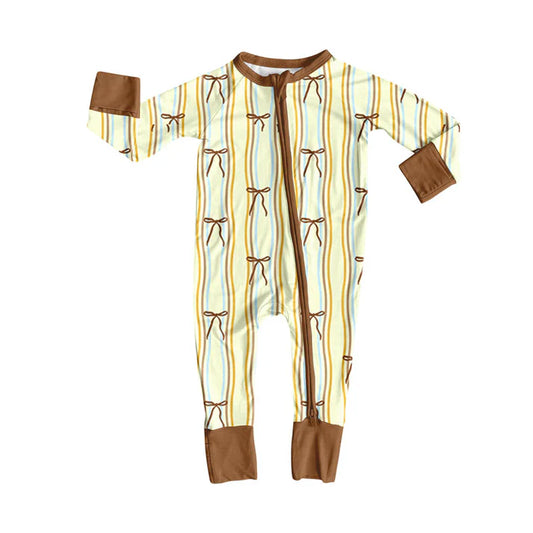 Preorder (moq 5)Baby Girls Yellow Stripe Bows Zipper Footie Rompers 10.23