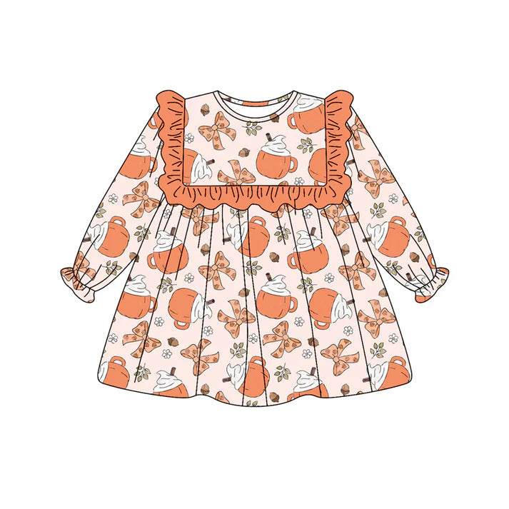 Preorder (moq 5)Baby Girls Long Ruffle Sleeves Orange Bows Cake Cups Knee Length Dresses 5.21