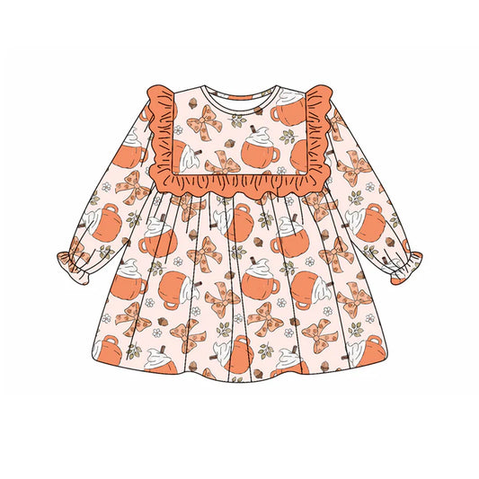 Preorder (moq 5)Baby Girls Long Ruffle Sleeves Orange Bows Cake Cups Knee Length Dresses 5.21