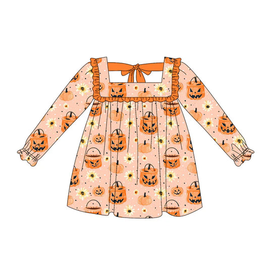 Preorder (moq 5)Baby Girls Long Ruffle Sleeves Orange Pumpkins Flowers Knee Length Dresses 5.20