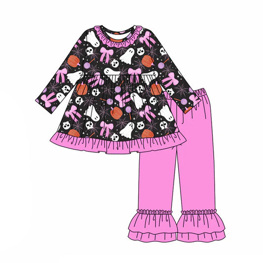 preorder(moq 5) Baby Girls Long Sleeves Bows Ghost Pumpkins Tunic Ruffle Pants Set 7.25