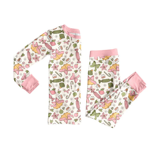 Preorder (moq 5)Baby Girls Long Sleeves Pink Bows Trees Plaid Top Pants Pajamas Set 7.1