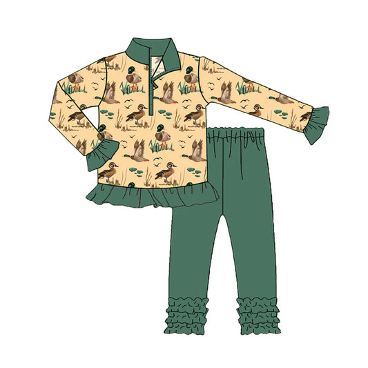 Preorder(moq 5) Baby Girls Ducks Zipper Pullovers Top Legging Pants Western Set 8.15
