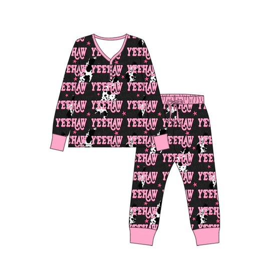 Preorder (moq 8)Baby Kids Long Sleeve Cow Print Lights Yeehaw Top Pants Western Pajamas Sets 9.19