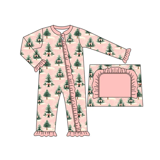 Preorder moq 5 Baby Infant Girls Long Sleeves Christmas Trees Plaid Ruffle Zipper Romper 7.14