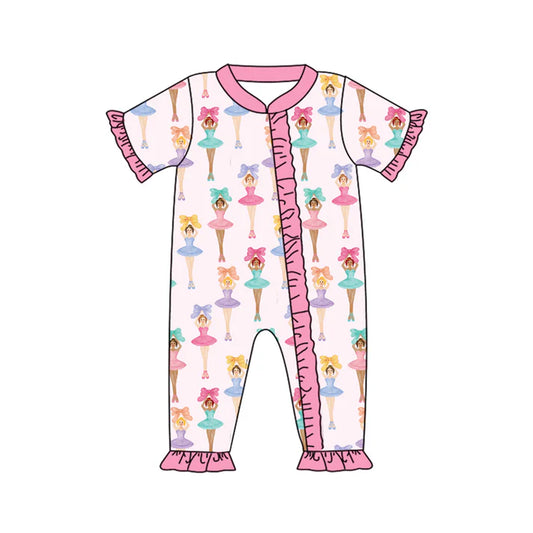 Preorder (moq 5)Baby Girls Short Ruffle Sleeves Bows Dancers Zipper Rompers 5.26