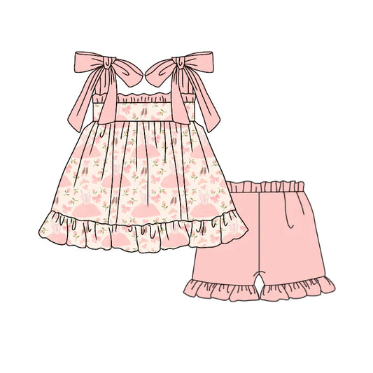 Preorder moq 5 Baby Girls Pink Strap Bows Dresses Tunic Ruffle Short Set 4.17