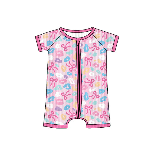 Preorder (moq 5)Baby Girls Short Sleeves Colorful Leopard Bows Ribbed Zipper Rompers 6.3