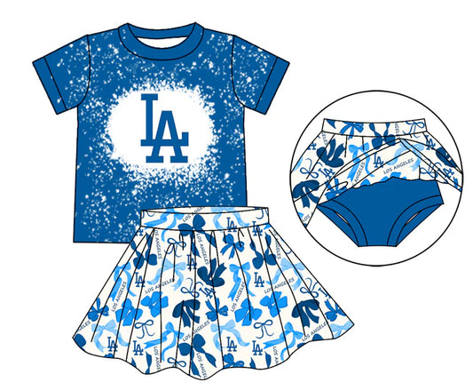 Preorder moq 5 blue L A bleached top bow skirt girls team outfits 8.26