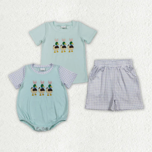 Sibling Baby Boys Embroidery Bunny Ducks Top Pockets Short Hunting Clothes Set Rompers