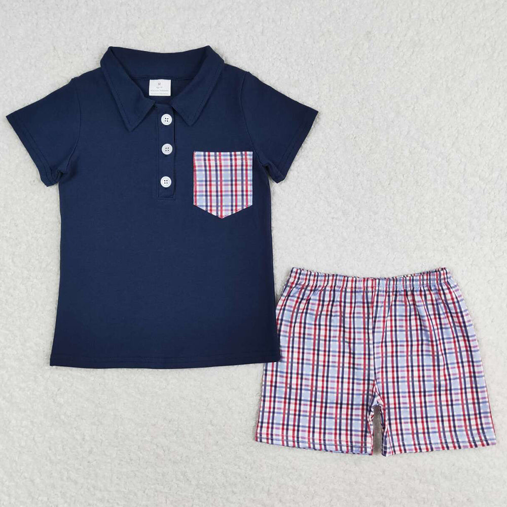 Baby Boys Clothes Navy Pullover Top Checkered Shorts Clothes Sets BSSO0628