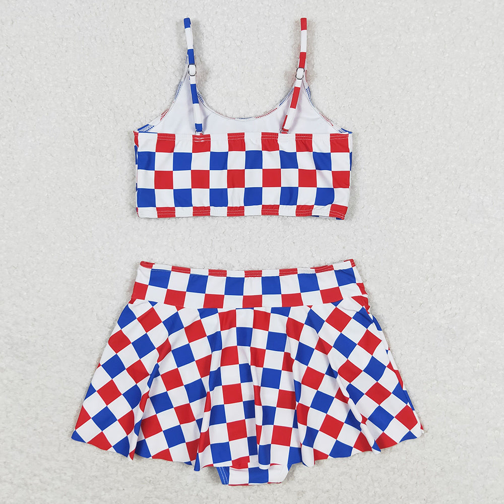 Baby Girls Swimsuits Summer Red Blue Checkered Top Bottoms 2pcs Swimsuits S0287