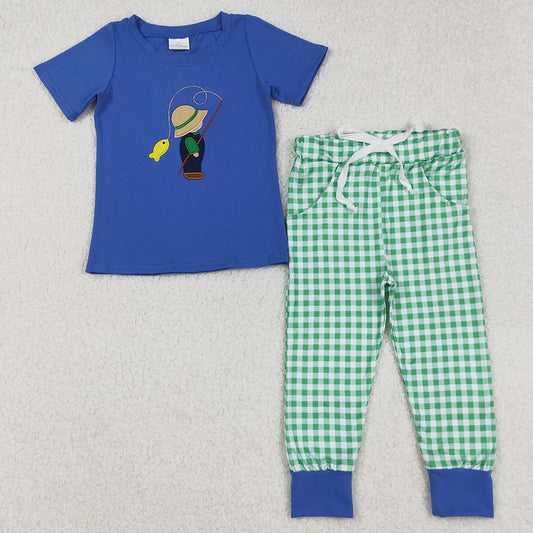 Baby Boys Clothes Blue Fishing Embroidery Shirt Checkered Pants Clothes Sets BSPO0506 9.2