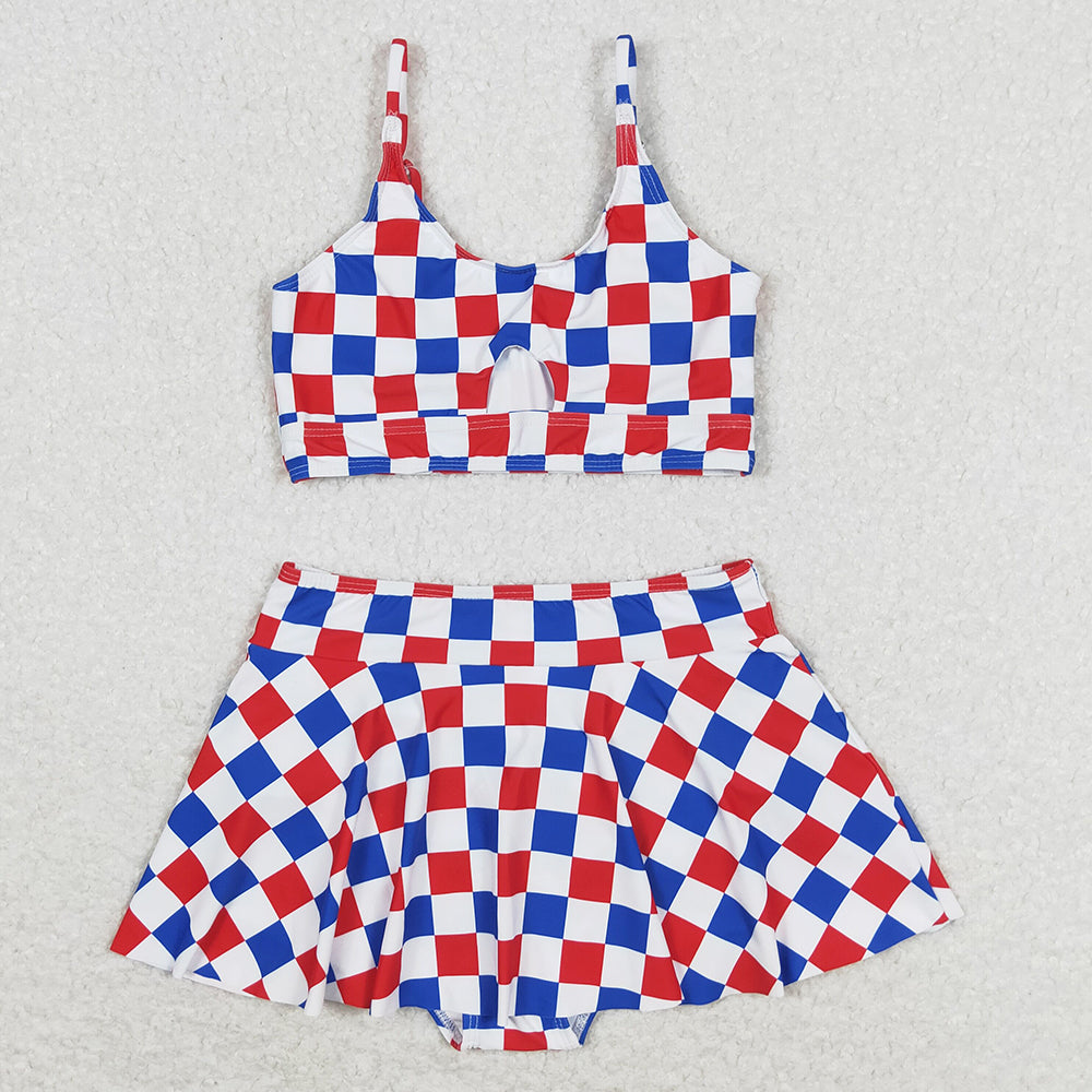 Baby Girls Swimsuits Summer Red Blue Checkered Top Bottoms 2pcs Swimsuits S0287