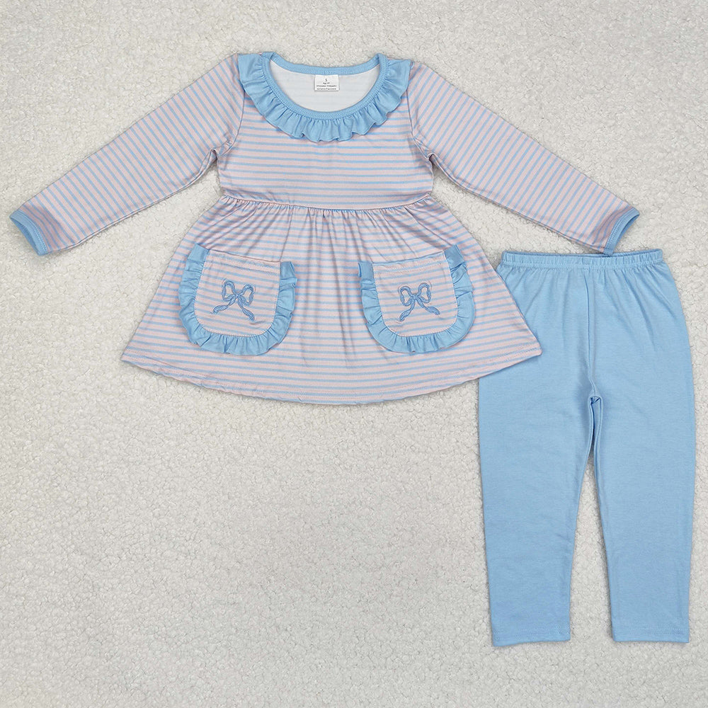 Baby Girls Clothes Blue Stripes Bow Pockets Tunic Legging Pants Sets GLP1389