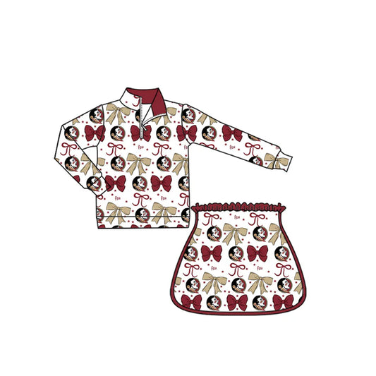 Preorder (moq 5)Baby Girls Red FSU Bows Team Zip Pullovers Skort Team Clothes Sets 8.29