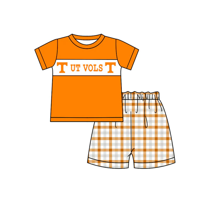 Preorder (moq 5)Baby Boys Orange T Ut Vols Top Checked Shorts Team Clothes Sets 12.27