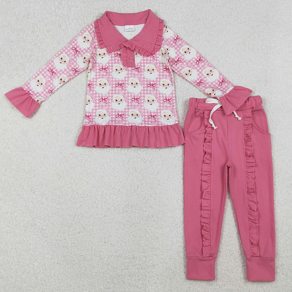 Baby Girls Clothes Pink Checked Santa Button Top Pockets Pants Christmas Clothes Sets GLP2881 10.14