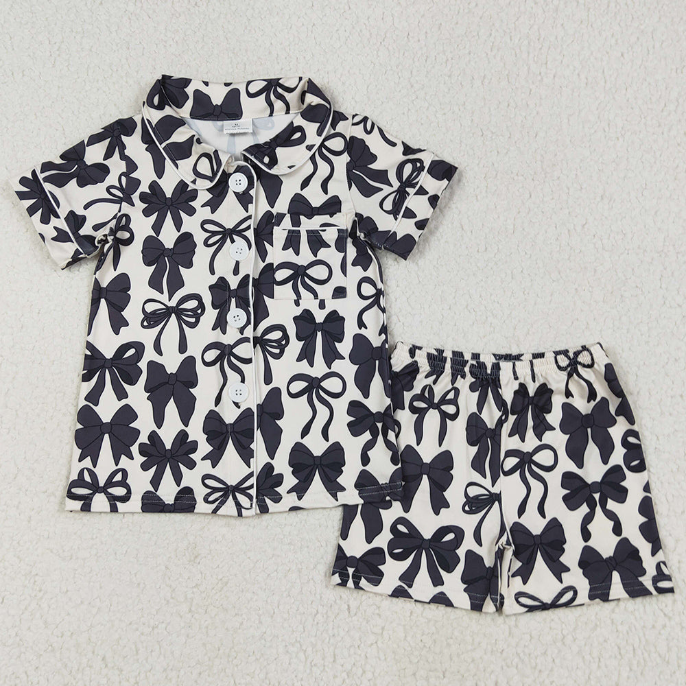 Baby Girls Pajamas Short Sleeves Black Bows Button Pocket Top Shorts Pajamas Sets GSSO2663 6.24
