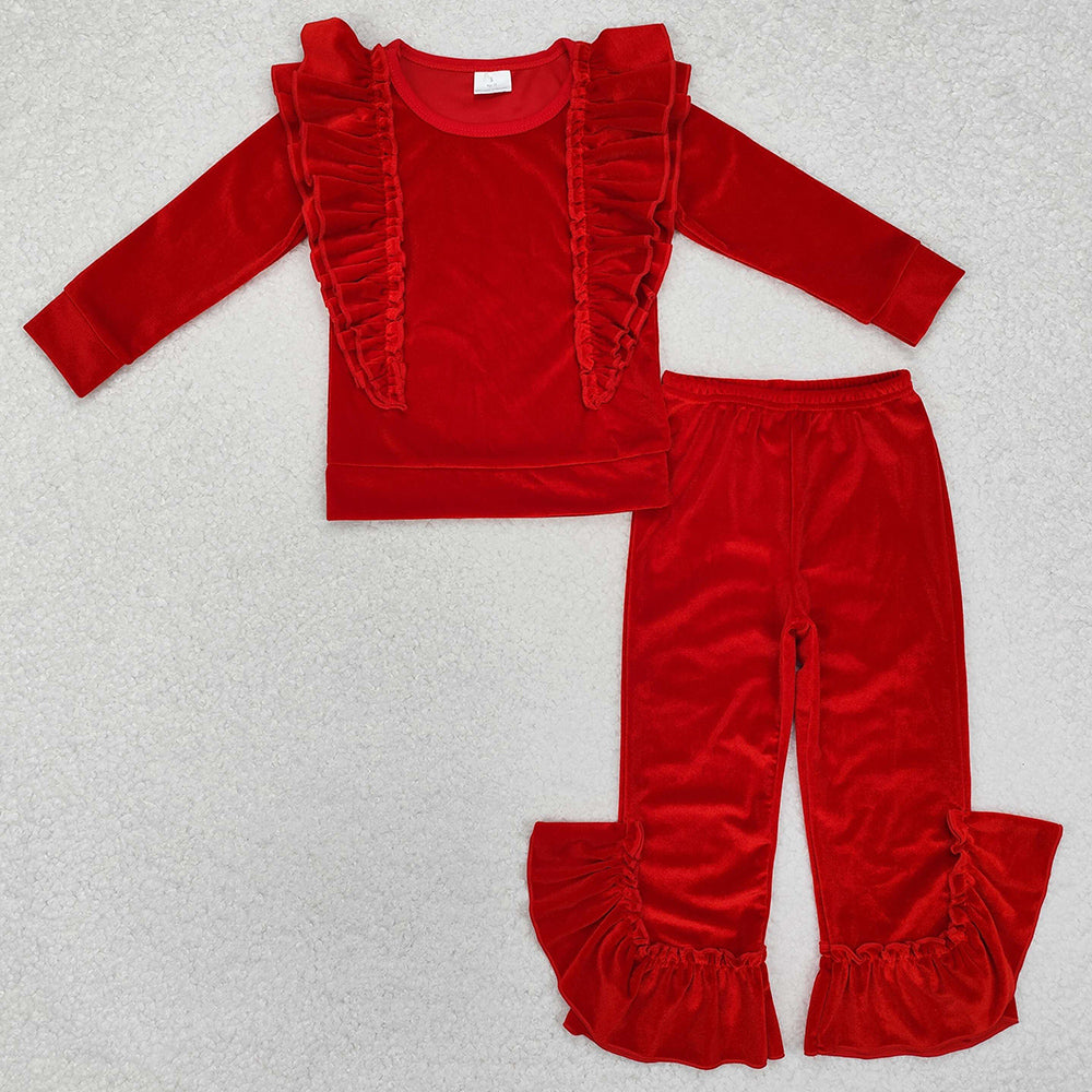 Baby Girls Clothes Red Ruffles Tee Shirts Top Velvet Bell Pants Clothes Sets GLP2164