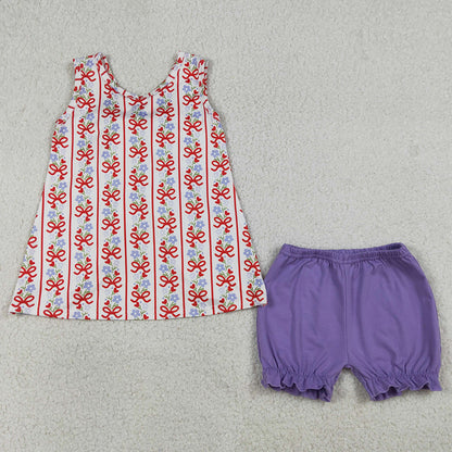 Baby Girls Clothes Bows Flowers Stripe Back Bows Tunic Ruffle Shorts Clothes Sets GSSO2785