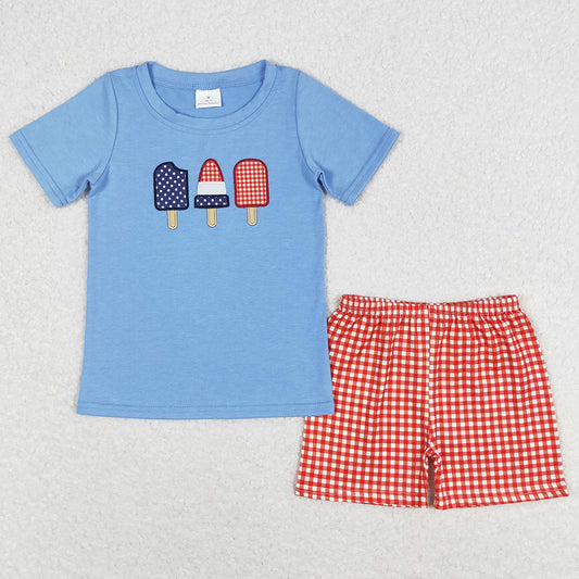 Baby Boys Clothes 4th Of July Popsicle Shirt Red Checkered Shorts Sets BSSO0744