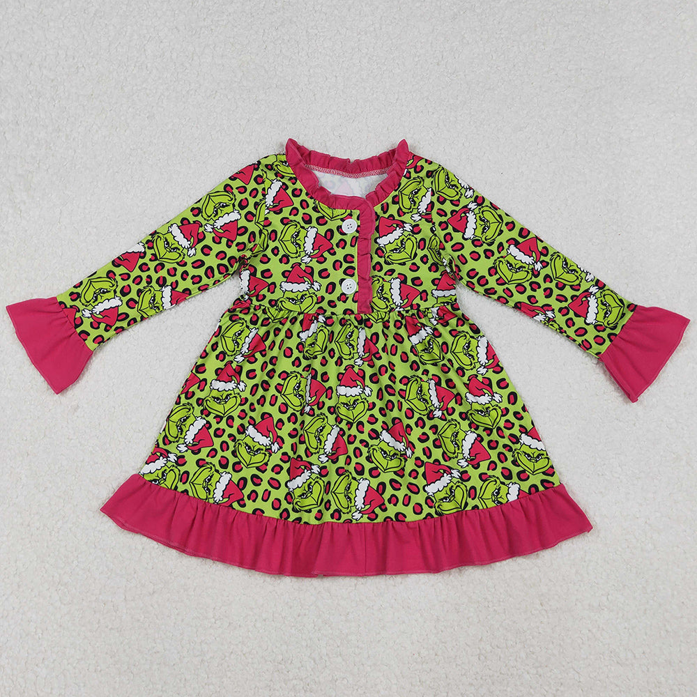 Baby Girls Dress Green Leopard Grin Christmas Button Ruffle Knee Length Dresses GLD1254 10.14