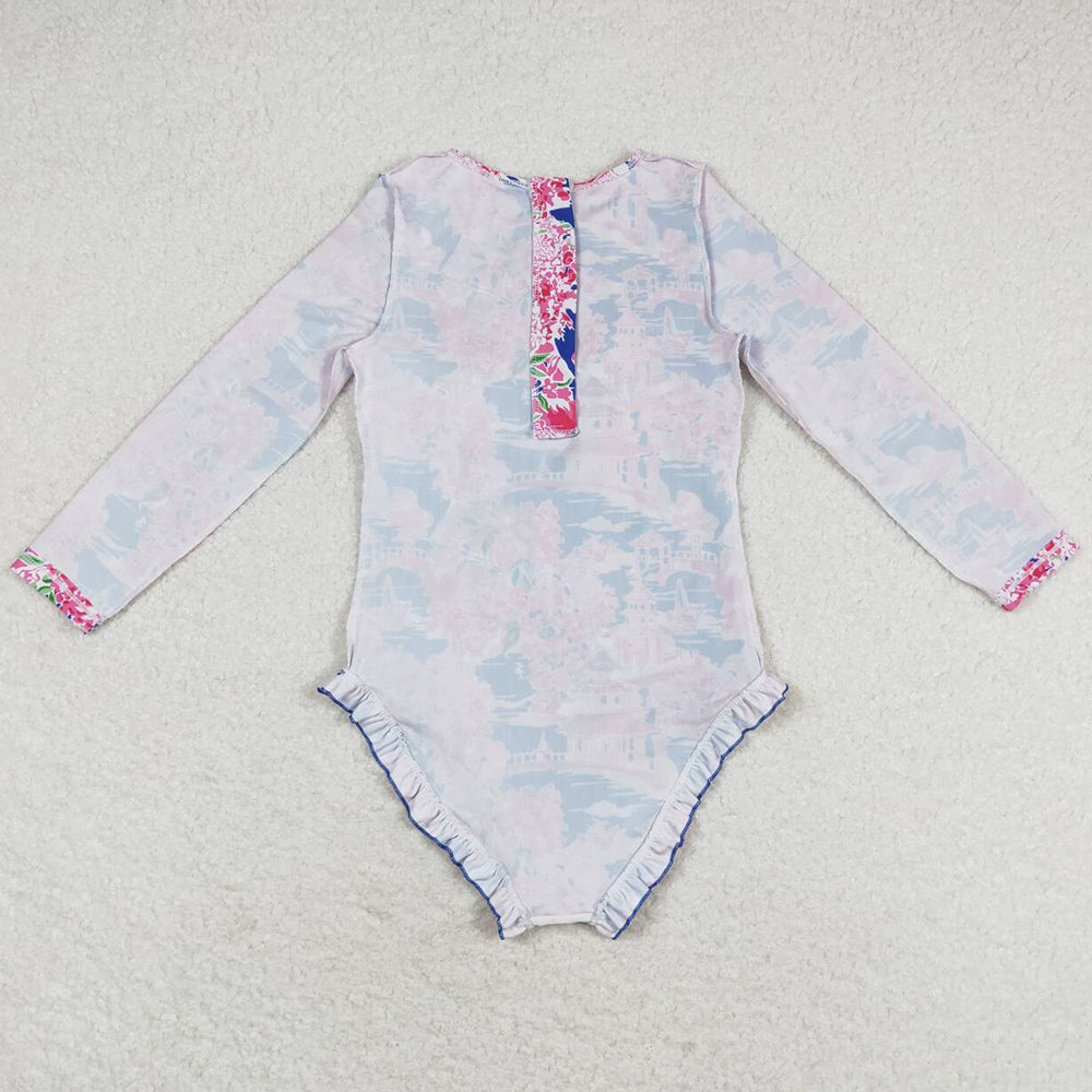 Baby Girls Swimsuits Pavilion Flowers Long Sleeve One Piece Swimsuits S0376