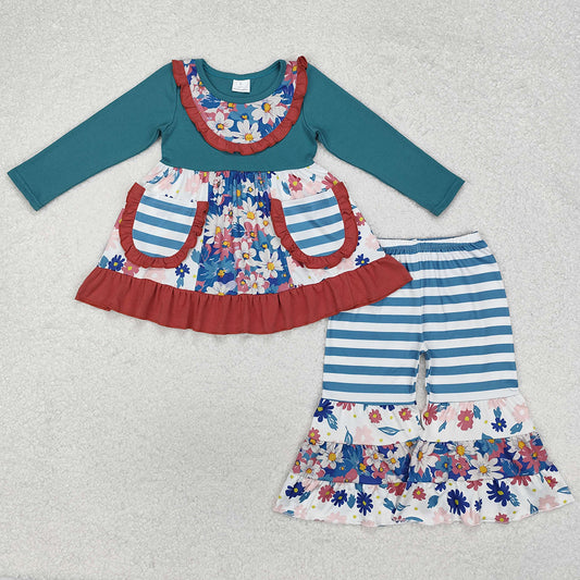 Baby Girls Clothes Blue Flowers Pockets Tunic Tops Bell Pants Sets GLP1764