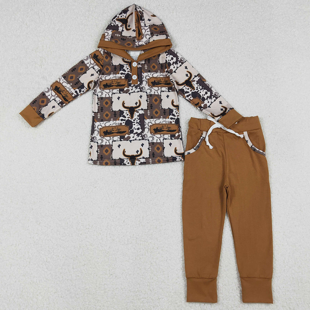 Baby Boys Clothes Aztec Bull Skull Button Hoodies Pockets Pant Western Clothes Sets BLP1238 10.14
