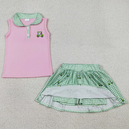 Baby Girls Clothes Embroidery Golf Trucks Button Top Checked Skirt Shorts Clothes Sets GSD3120 1.8