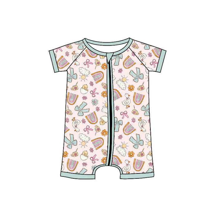 Preorder (moq 5)Baby Girls Gooses Rainbows Flowers Bows Zipper Shorts Rompers 12.6