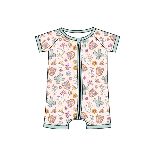 Preorder (moq 5)Baby Girls Gooses Rainbows Flowers Bows Zipper Shorts Rompers 12.6
