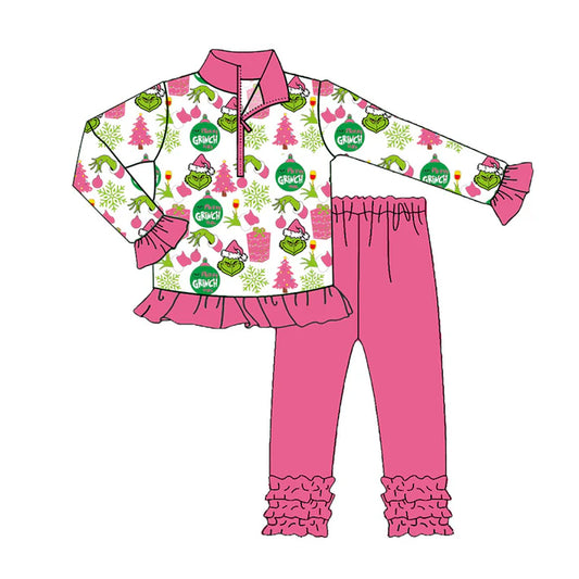 Preorder (moq 5)Baby Girls Green Faces Lights Zipper Pullovers Ruffle Leggings Christmas Set 8.30